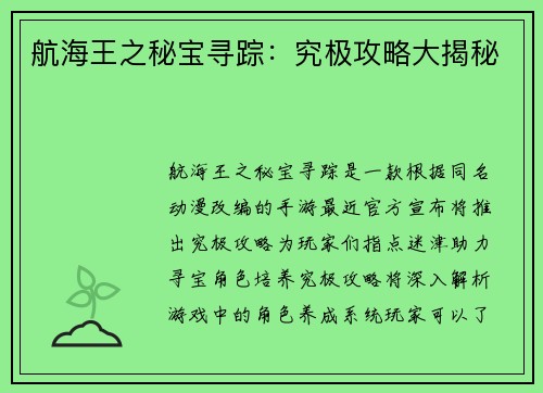 航海王之秘宝寻踪：究极攻略大揭秘